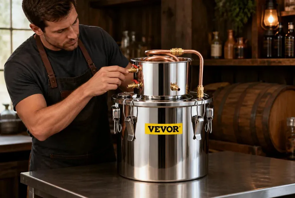 Pro brewer adjusting a VEVOR distiller in a garage brewery
