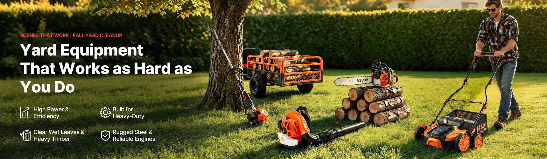 VEVOR fall yard cleanup campaign banner with chainsaw, leaf blower and lawn mower