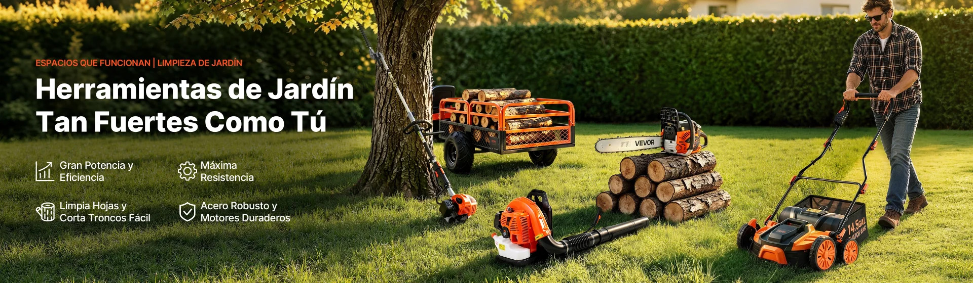 Banner de campaña VEVOR de limpieza de jardín en otoño con motosierra, soplador y cortacésped