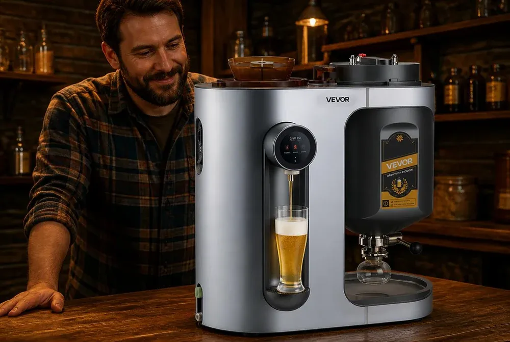 Hobbybrauer zapft ein Bier aus dem automatischen VEVOR Braugerät