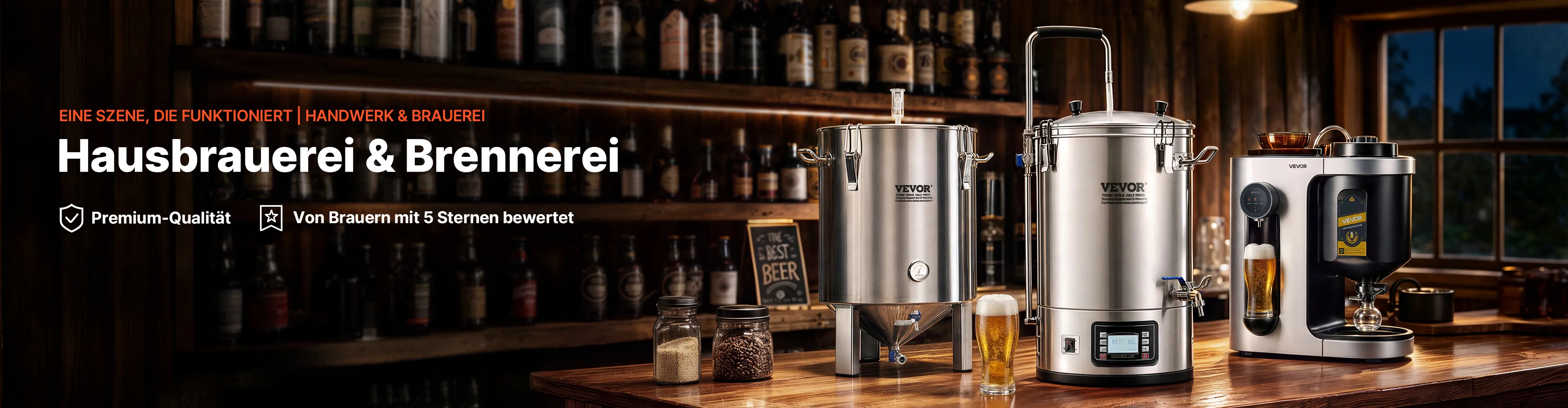 VEVOR Heimbrauerei & Distillation – Braukessel, konischer Gärtank und Zapfanlage auf dunkler Brauerei-Theke